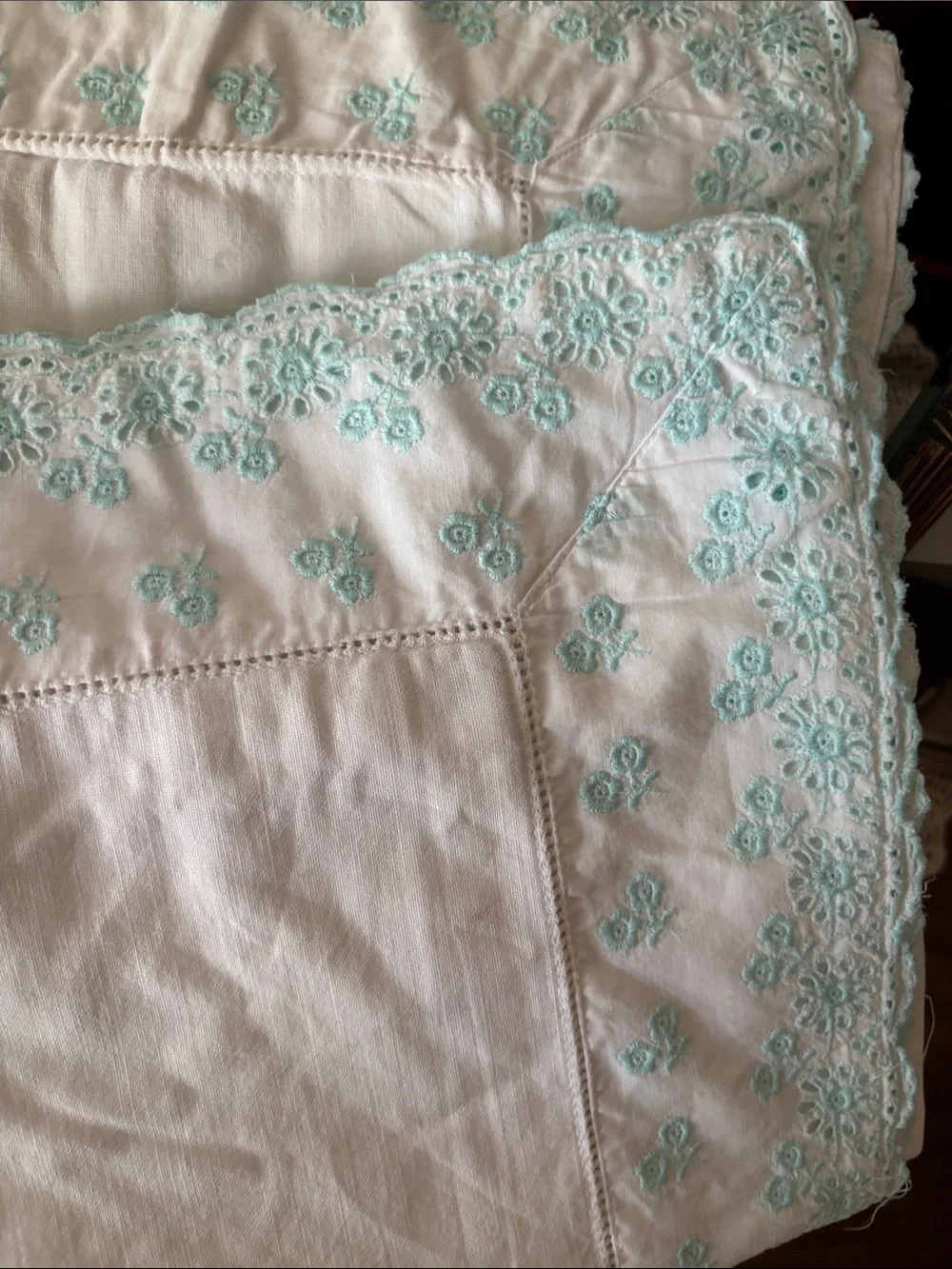 Vintage, 2 Hand Made Embroidered White Pillowcases, Light Blue Scalloped Trim